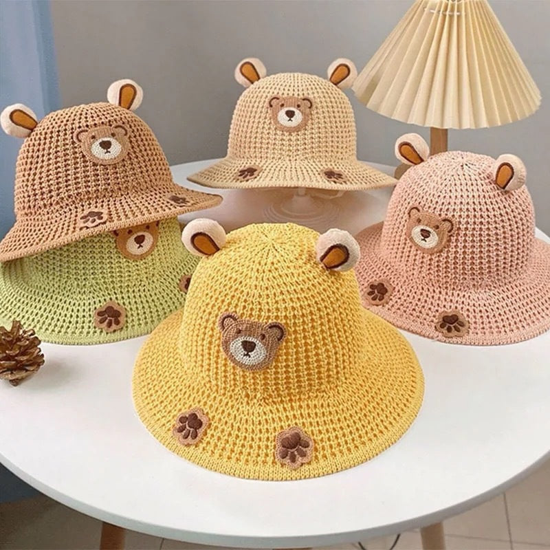 Crochet Kids Bucket Hat – Cute Bear Sun Hat for Children, UV Protection Cartoon Summer Hat