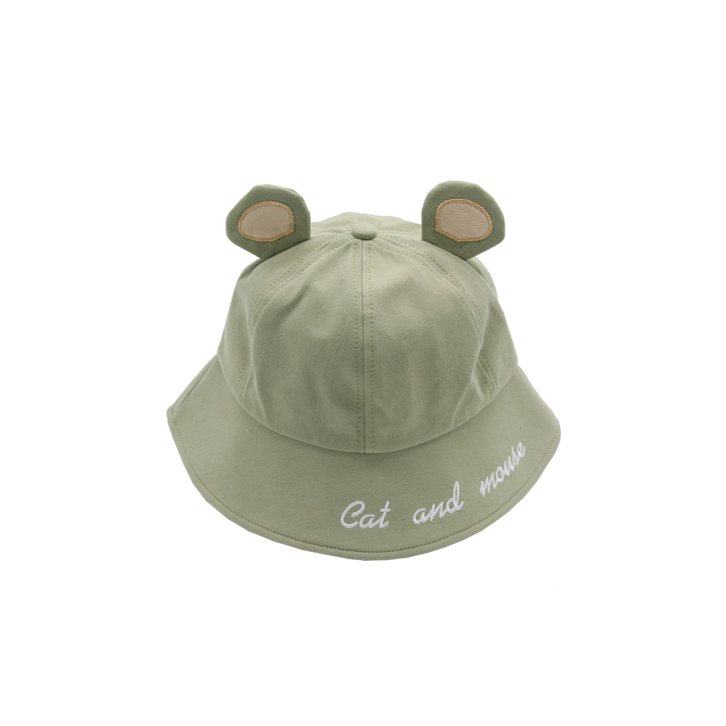Cute Bucket Hat with Cat Ears – Green Sun Hat with Letter Print for Women & Girls
