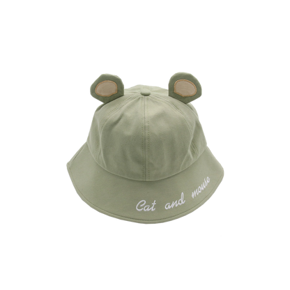 Cute Bucket Hat with Cat Ears – Green Sun Hat with Letter Print for Women & Girls