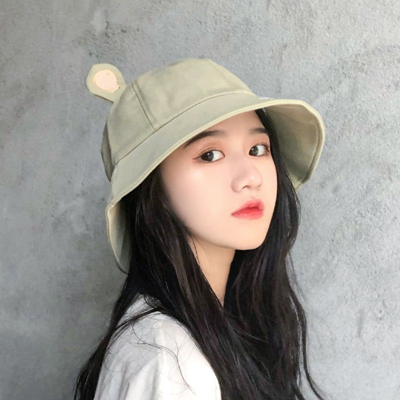Cute Bucket Hat with Cat Ears – Green Sun Hat with Letter Print for Women & Girls