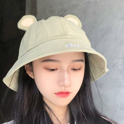 Cute Bucket Hat with Cat Ears – Green Sun Hat with Letter Print for Women & Girls