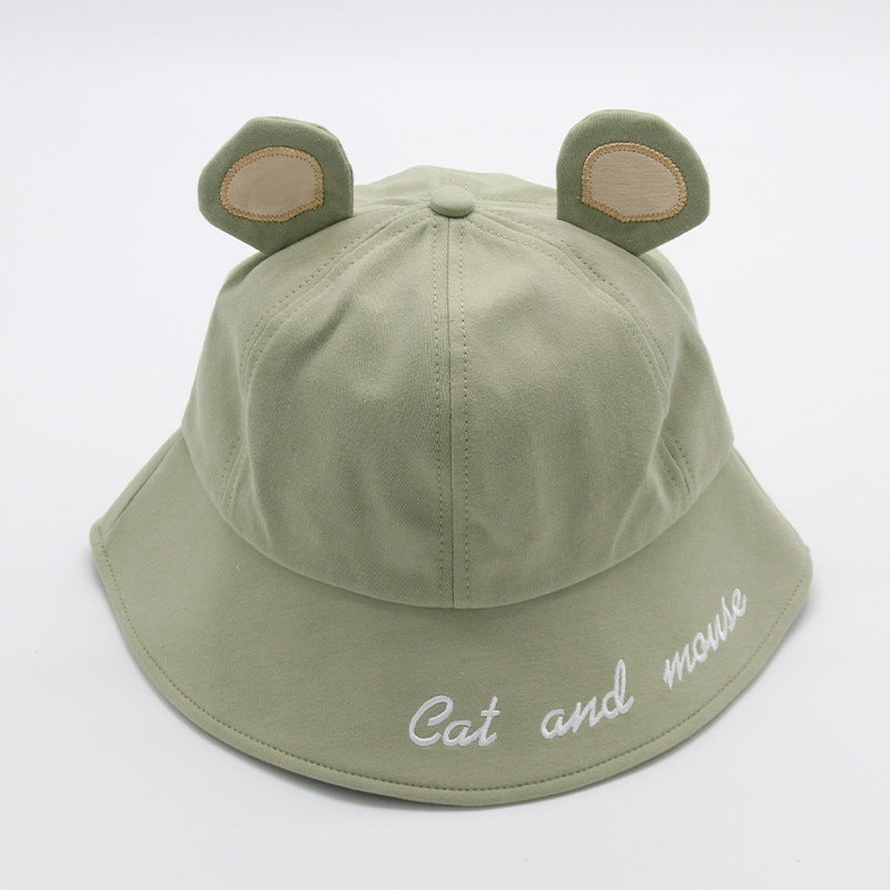 Cute Bucket Hat with Cat Ears – Green Sun Hat with Letter Print for Women & Girls