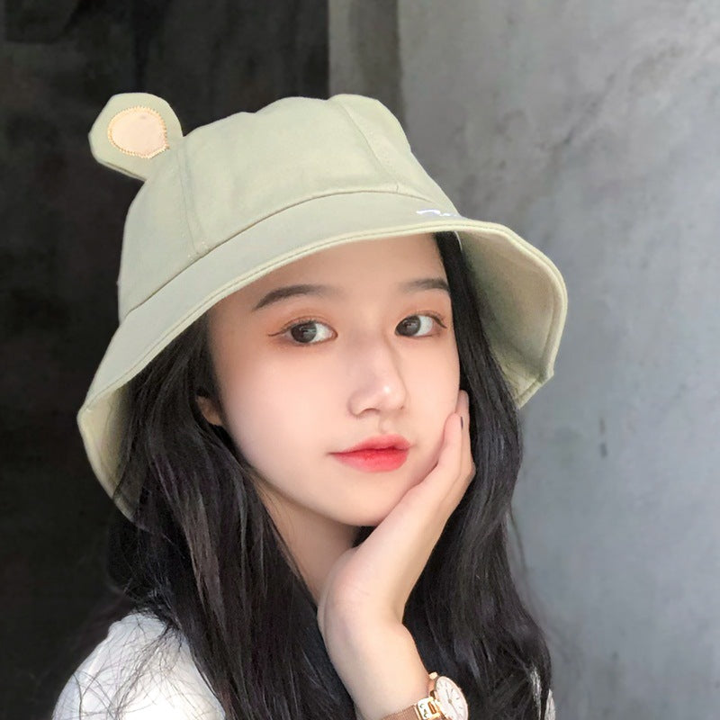 Cute Bucket Hat with Cat Ears – Green Sun Hat with Letter Print for Women & Girls