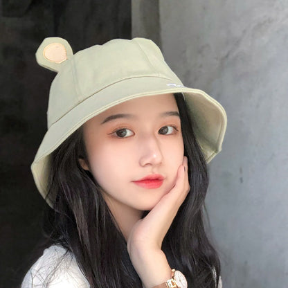 Cute Bucket Hat with Cat Ears – Green Sun Hat with Letter Print for Women & Girls