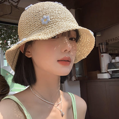 Floral Bucket Hat  Flower Sun Cap  Tweed Style Summer Straw Hat with Prints