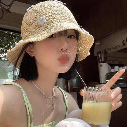 Floral Bucket Hat  Flower Sun Cap  Tweed Style Summer Straw Hat with Prints