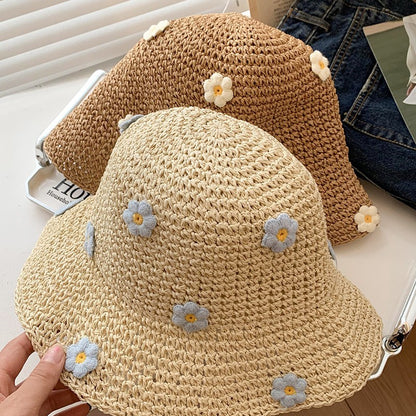 Floral Bucket Hat  Flower Sun Cap  Tweed Style Summer Straw Hat with Prints