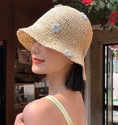 Floral Bucket Hat  Flower Sun Cap  Tweed Style Summer Straw Hat with Prints