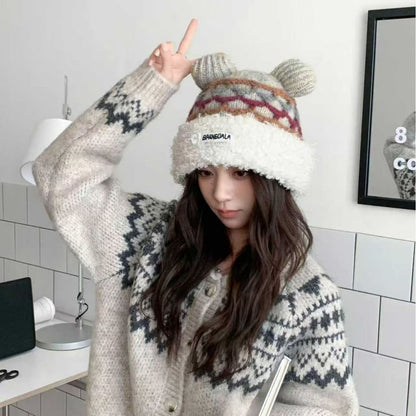 Mickey Mouse Santa Hat Plush Knit Ears Winter Claus Red Cute Beanie