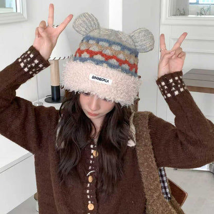 Mickey Mouse Santa Hat Plush Knit Ears Winter Claus Red Cute Beanie