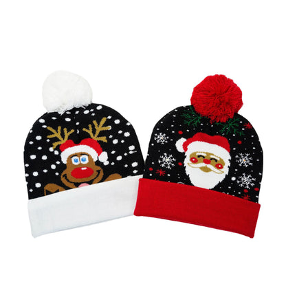 Black Santa Hat LED Knit Christmas Cap with Snowflake Pattern Light Up Beanie