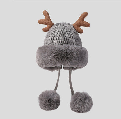 Pink Santa Hat Knitted Santa Claus Hat with Antlers Fluffy Winter Warm Beanie