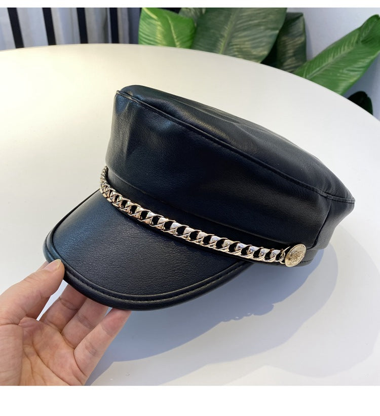 Newsboy Caps Leather Hats Women's Flat Top Black Leather Beret