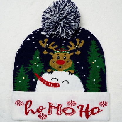 Black Santa Hat LED Knit Christmas Cap with Snowflake Pattern Light Up Beanie