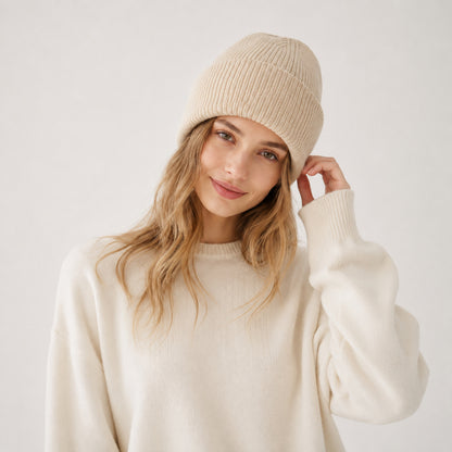 Blank Beanie Beige Plain Knit Hat Minimal Winter Cap for Men Women