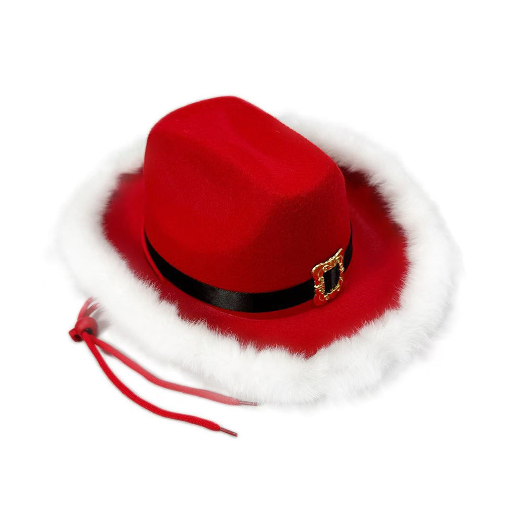 Santa Cowboy Hat Claus Western Style Kids Belt Trim Holiday Party Cap