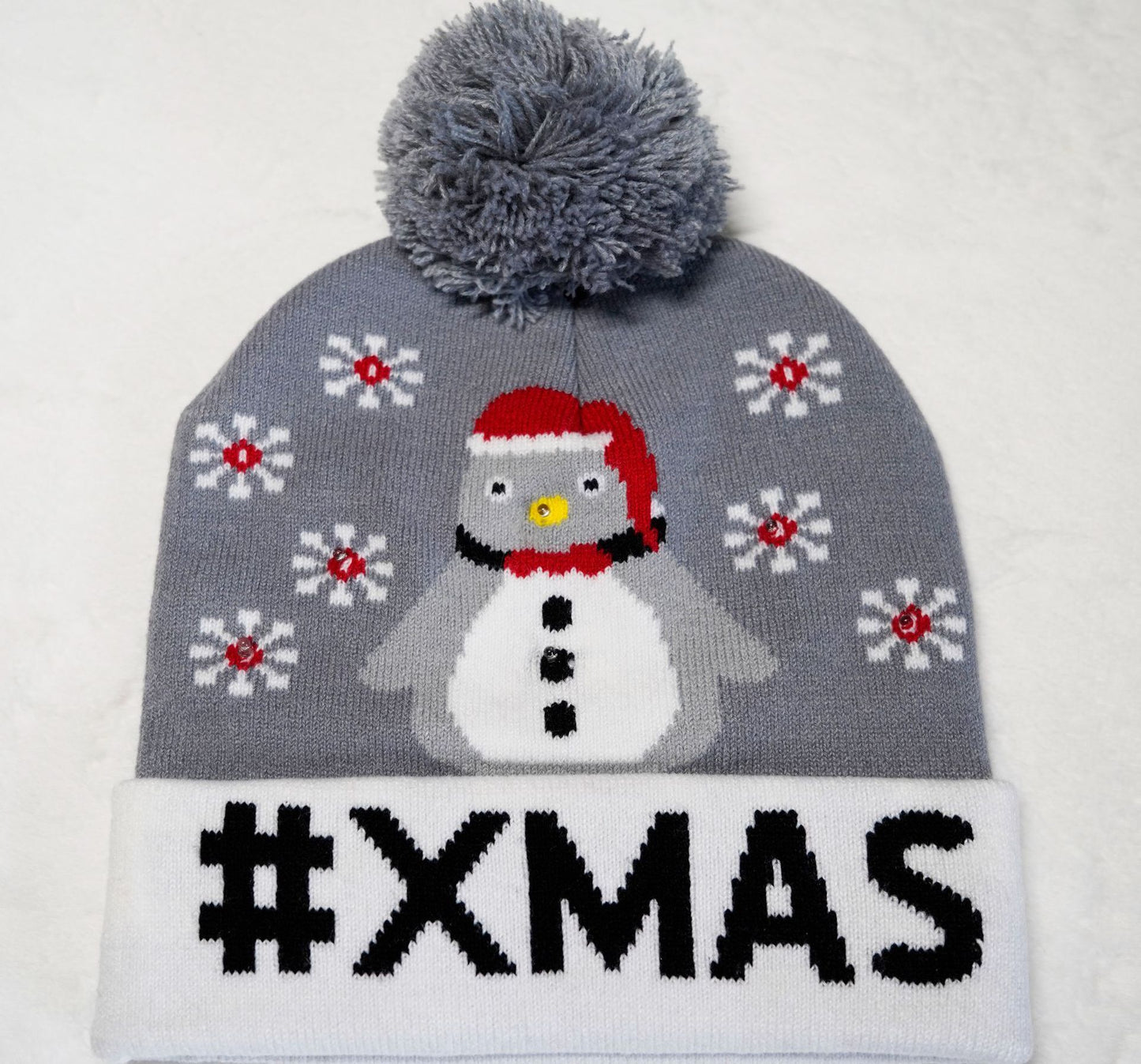 Black Santa Hat LED Knit Christmas Cap with Snowflake Pattern Light Up Beanie