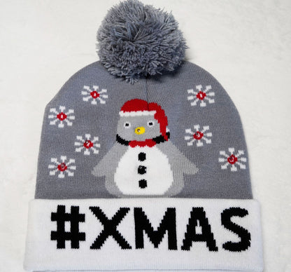 Black Santa Hat LED Knit Christmas Cap with Snowflake Pattern Light Up Beanie