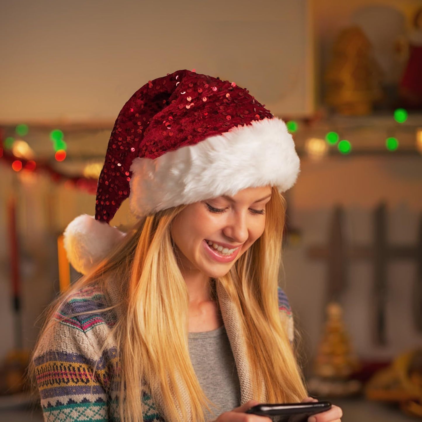 Sparkly Santa Hat Glitter Christmas Sequin Holiday Cap Festive Plush Style