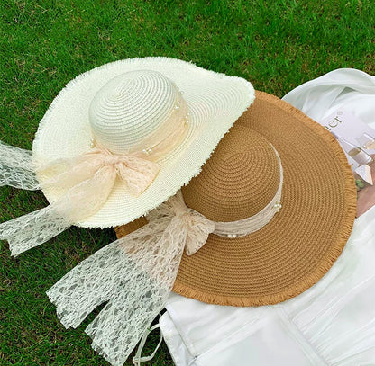 Straw Beach Hat Women Wide Brim Bow Sun Hat Elegant Vacation Beach Style