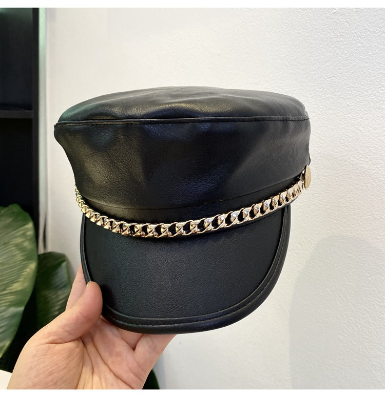 Newsboy Caps Leather Hats Women's Flat Top Black Leather Beret