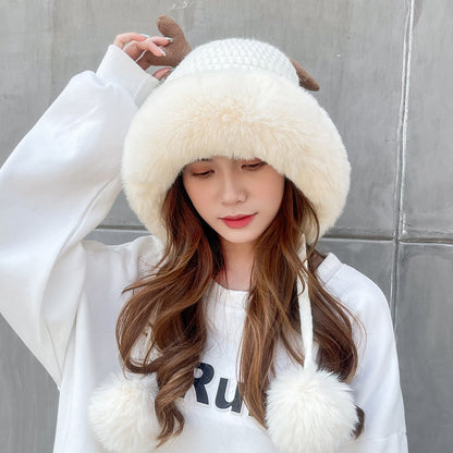 Pink Santa Hat Knitted Santa Claus Hat with Antlers Fluffy Winter Warm Beanie