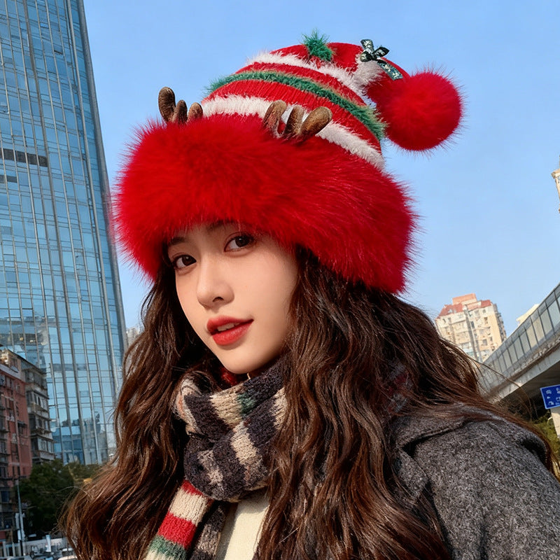Plush Santa Claus Hat Cozy Knit Deer Ear Winter Thick Warm Plush Cap