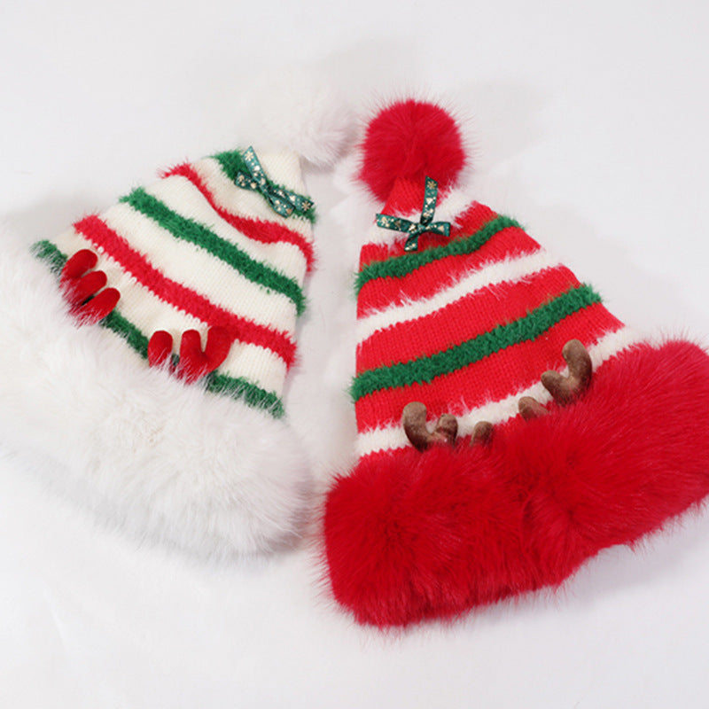 Plush Santa Claus Hat Cozy Knit Deer Ear Winter Thick Warm Plush Cap