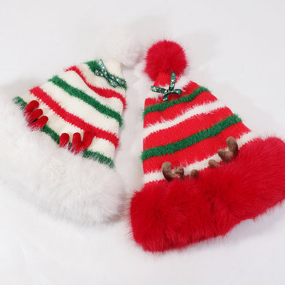 Plush Santa Claus Hat Cozy Knit Deer Ear Winter Thick Warm Plush Cap