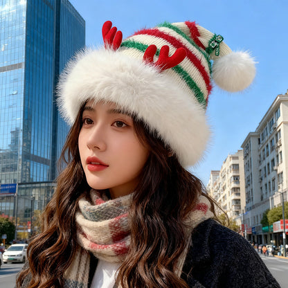 Plush Santa Claus Hat Cozy Knit Deer Ear Winter Thick Warm Plush Cap