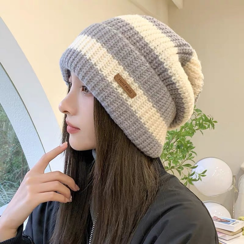 Striped Beanie Cream Tan Knit Winter Hat Soft Cozy Style