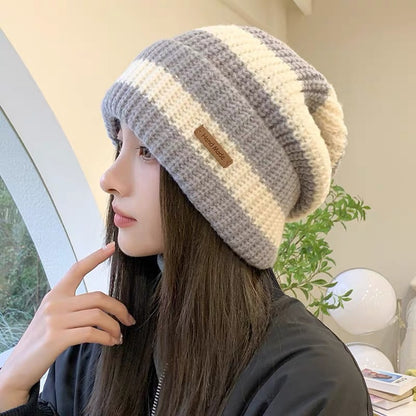 Striped Beanie Cream Tan Knit Winter Hat Soft Cozy Style