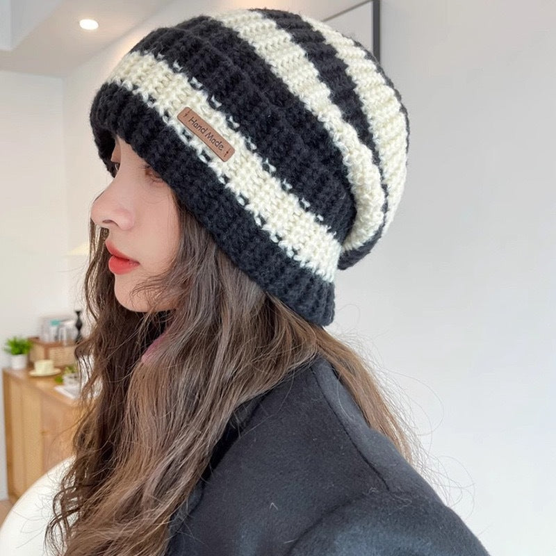 Striped Beanie Cream Tan Knit Winter Hat Soft Cozy Style
