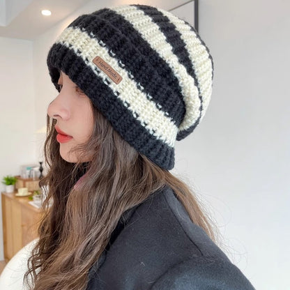 Striped Beanie Cream Tan Knit Winter Hat Soft Cozy Style