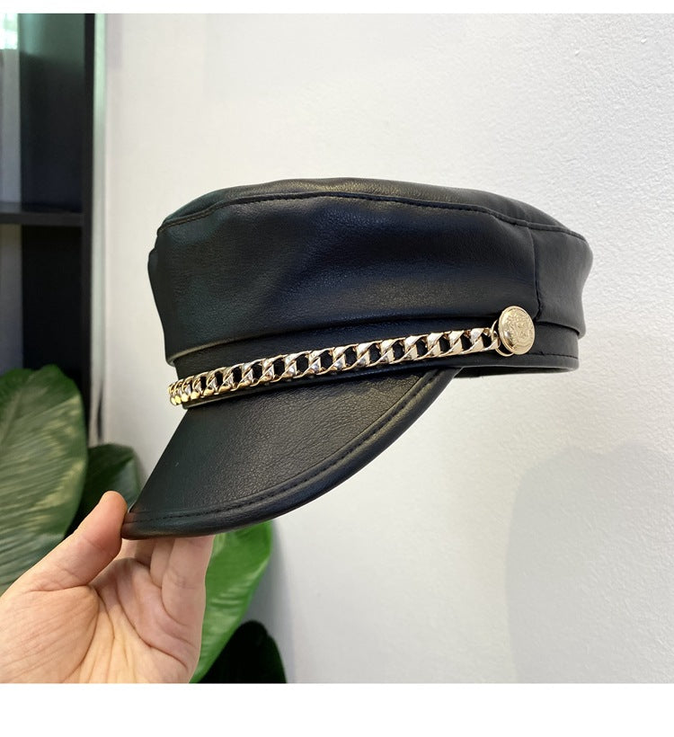 Newsboy Caps Leather Hats Women's Flat Top Black Leather Beret