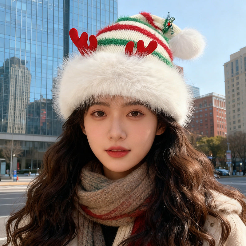 Plush Santa Claus Hat Cozy Knit Deer Ear Winter Thick Warm Plush Cap