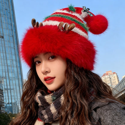 Plush Santa Claus Hat Cozy Knit Deer Ear Winter Thick Warm Plush Cap