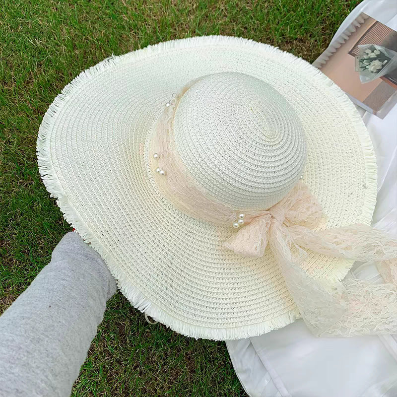 Straw Beach Hat Women Wide Brim Bow Sun Hat Elegant Vacation Beach Style