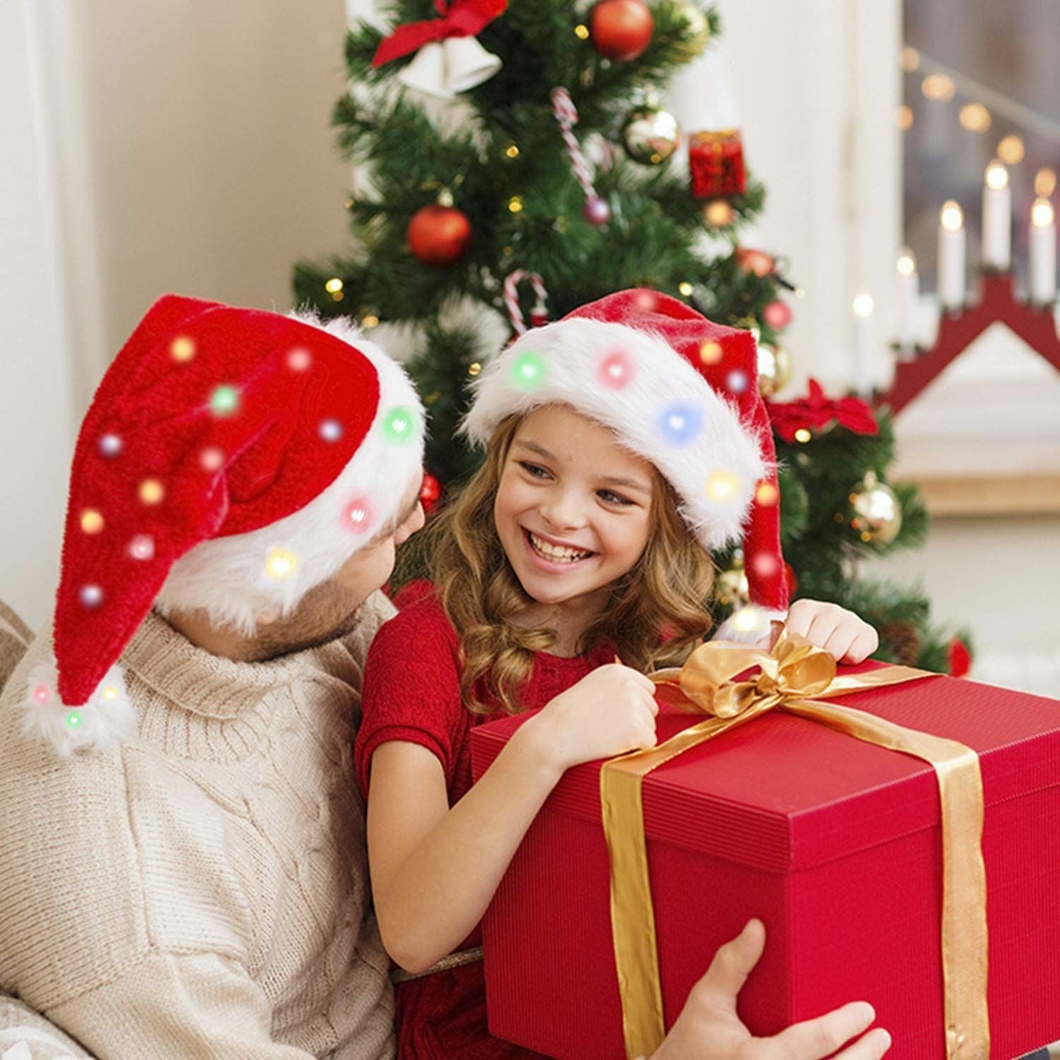 Light Up Santa Hat Festive Sparkle LED Long Plush Handmade Christmas Cap