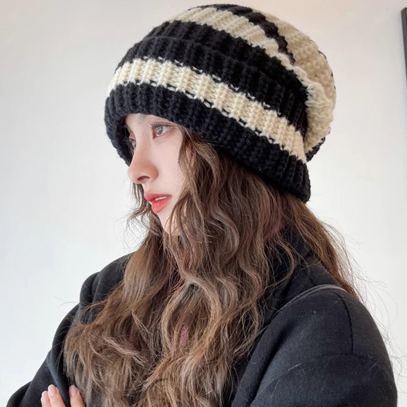 Striped Beanie Cream Tan Knit Winter Hat Soft Cozy Style
