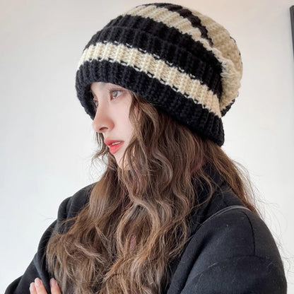 Striped Beanie Cream Tan Knit Winter Hat Soft Cozy Style