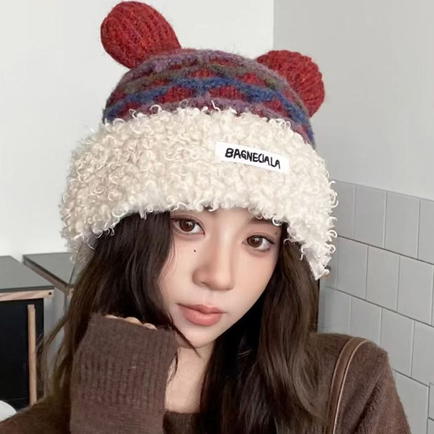 Mickey Mouse Santa Hat Plush Knit Ears Winter Claus Red Cute Beanie