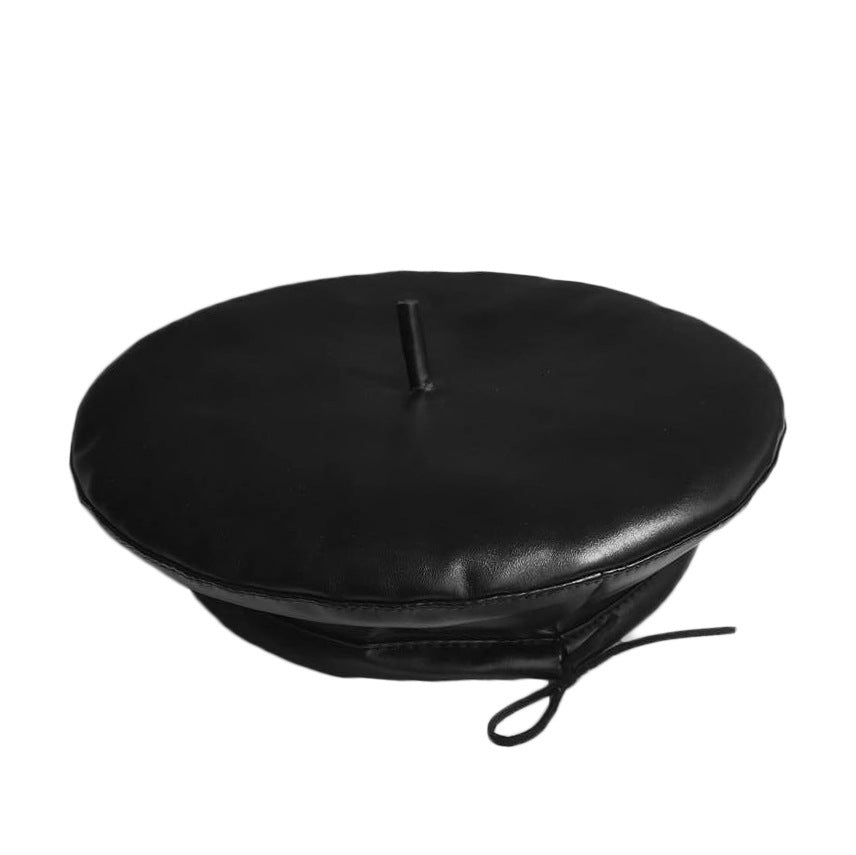 Beret Hat French PU Leather Black Artist Cap for Women