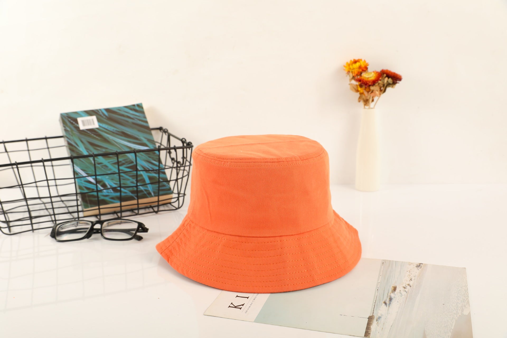 Orange Bucket Hat Solid Color Summer Sun Cap for Women UV Protection Outdoor
