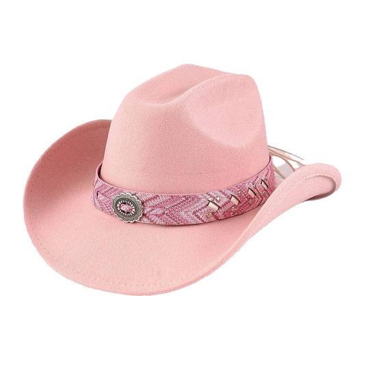 Pink Cowboy Hat Vintage Embossed Band Wide Brim Western Style