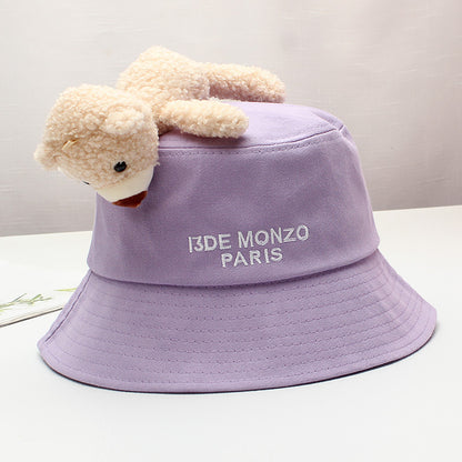 Purple Bucket Hat with Cute Bear and Letter Embroidery – Wide Brim Sun Hat for Women & Girls