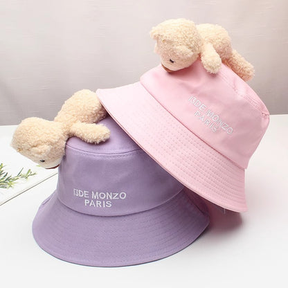 Purple Bucket Hat with Cute Bear and Letter Embroidery – Wide Brim Sun Hat for Women & Girls