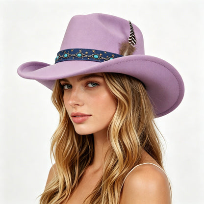 Purple Cowboy Hat Vintage Embroidered Western Style Wide Brim