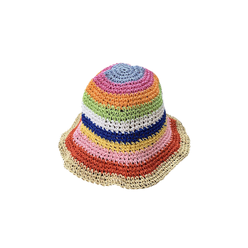Rainbow Colorful Straw Bucket Hat Breathable Summer Sun Hat for Women