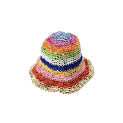 Rainbow Colorful Straw Bucket Hat Breathable Summer Sun Hat for Women